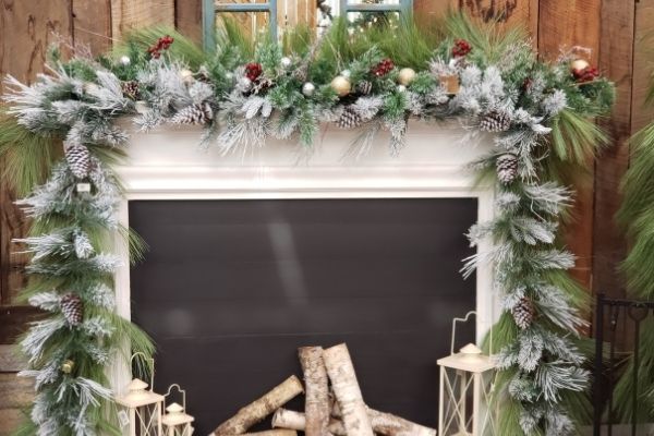 decorated garland over mantle fireplace