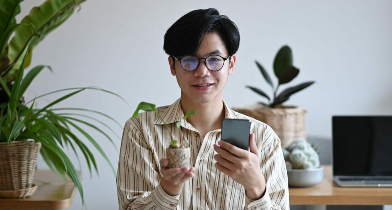 a young plant stylist with a phone