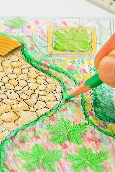 drawing a garden design with colored pencils