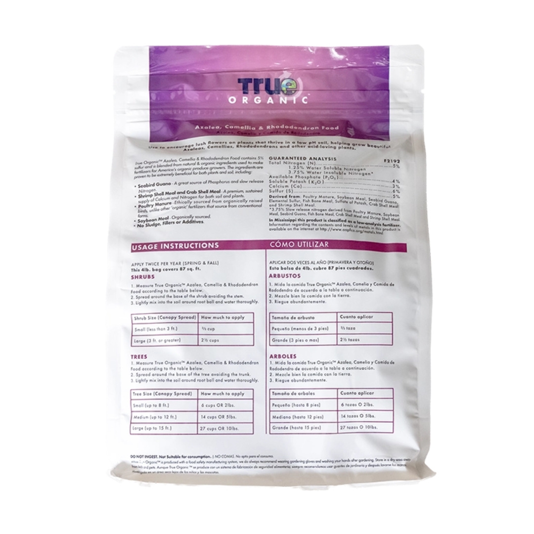 True Organic Azalea Camellia And Rhododendron Food back of the bag