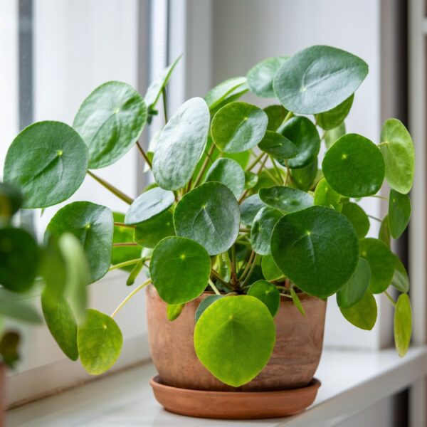 Pilea Peperomioides in a terra cotta pot