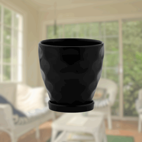 Black Dimpled Pot with Saucer - Image 2