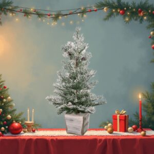 Artificial Christmas Tree: 26″ Frosted Cedar In A Wood Planter