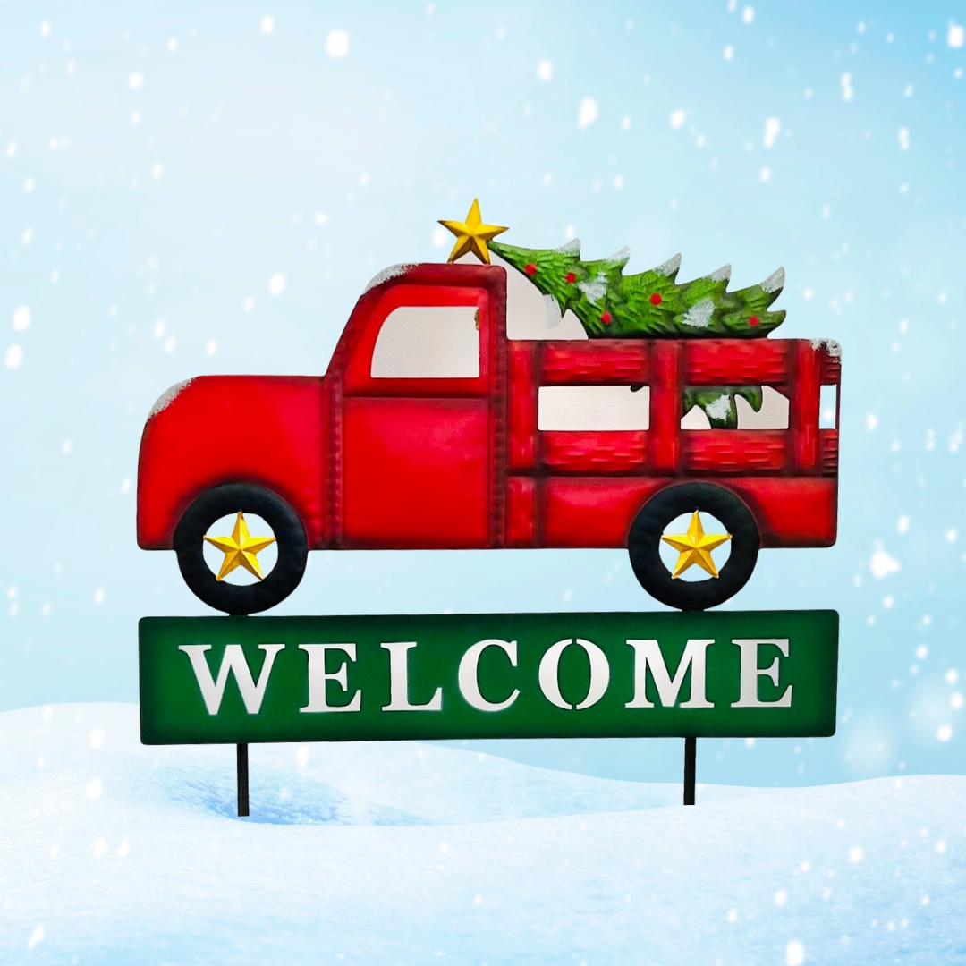 Garden Stake 26x23 Red Truck w Tree on Two Poles