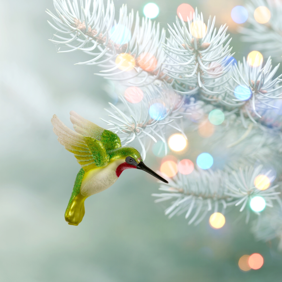 Glittered Hummingbird Ornament on a white tree