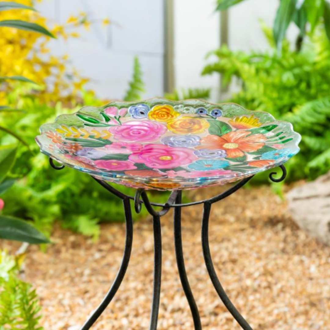Bundle Of Flowers Glass Bird Bath