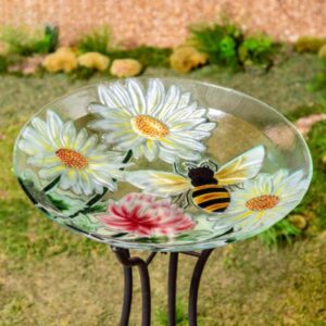 Daisies And Bees Glass Bird Bath