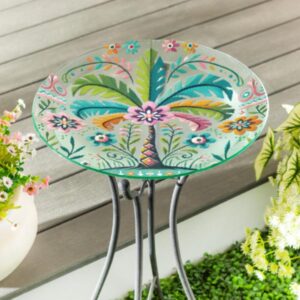 Folk Art Palm Tree Glass Bird Bath