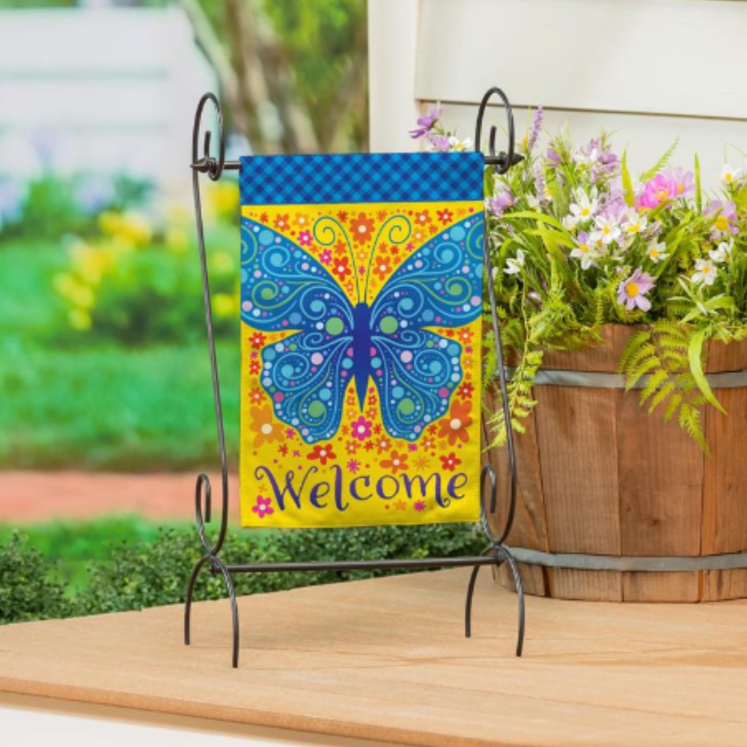 Welcome Blue Butterfly Burlap Garden Flag