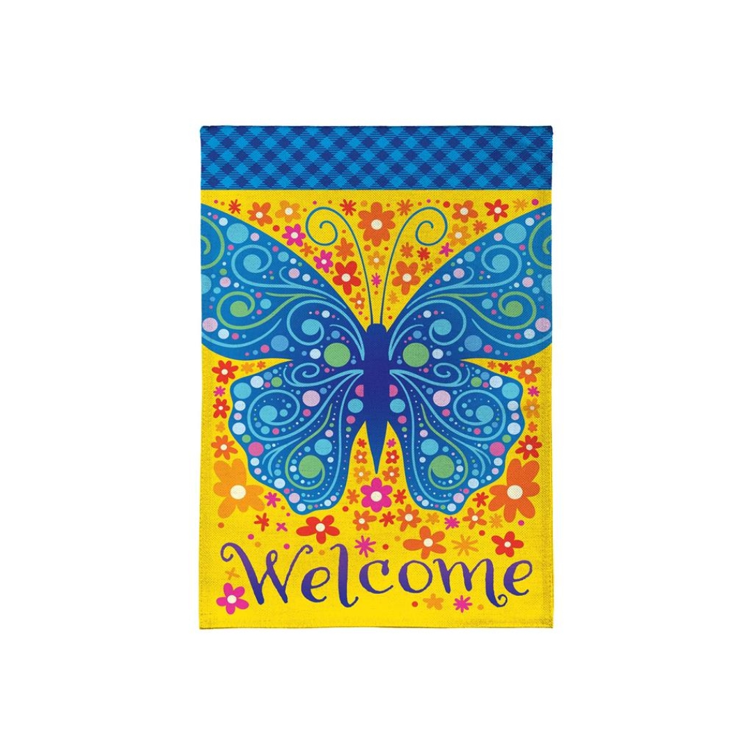 Welcome Blue Butterfly Burlap Garden Flag product image